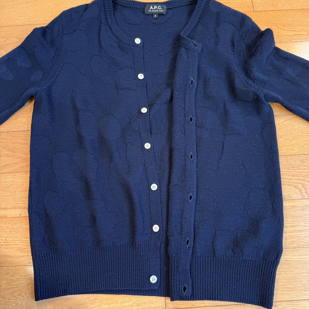 Apc Womens Small Navy Blue 100% Wool Jacquard Abstract Pattern Cardigan Sweater View 3